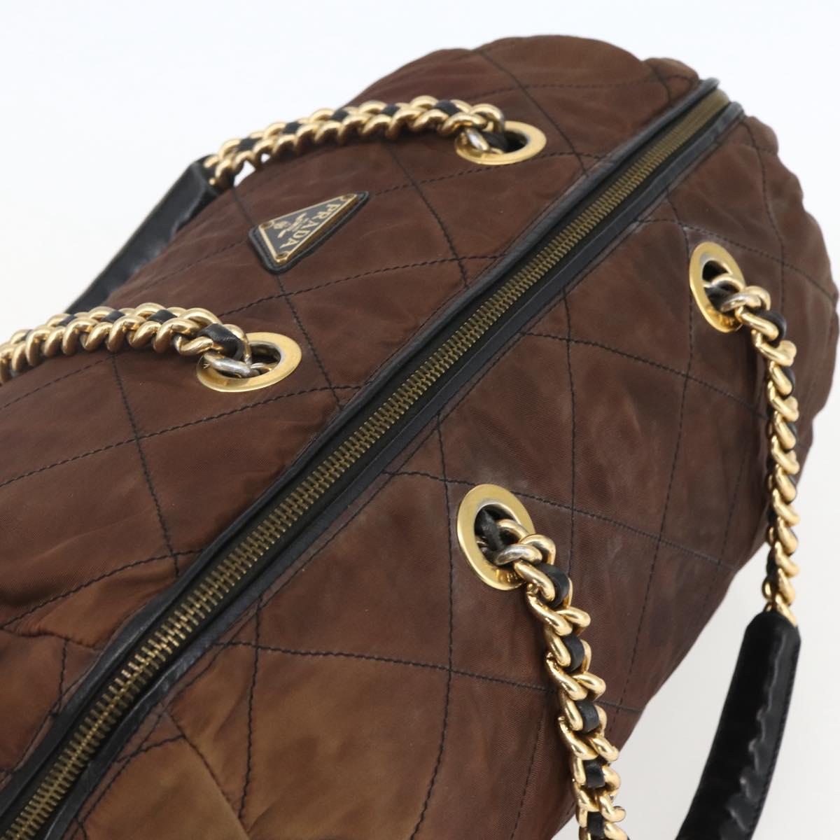 PRADA Chain Hand Bag Nylon Brown Gold Auth bs31367