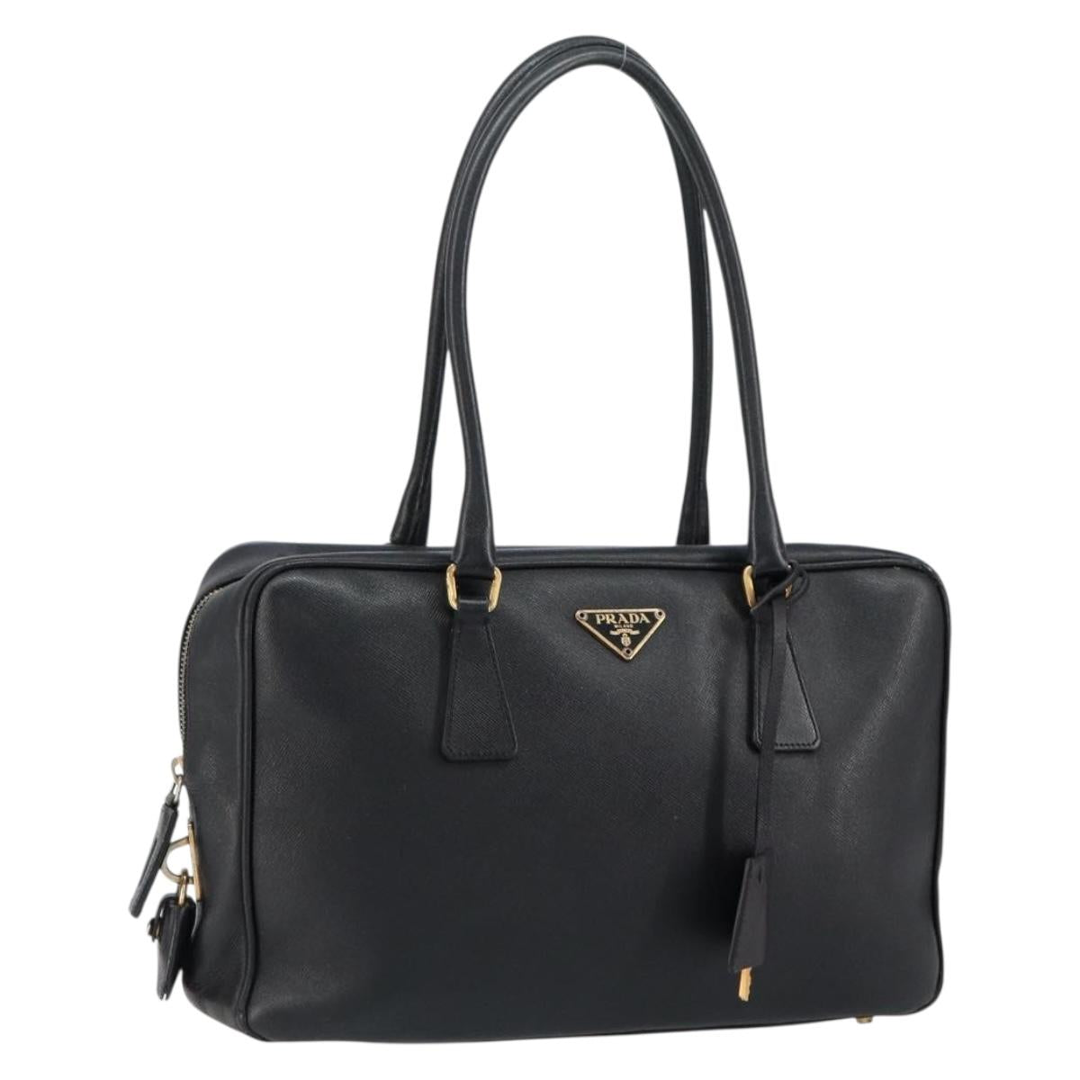 PRADA Hand Bag Safiano leather Black Gold Auth bs31372