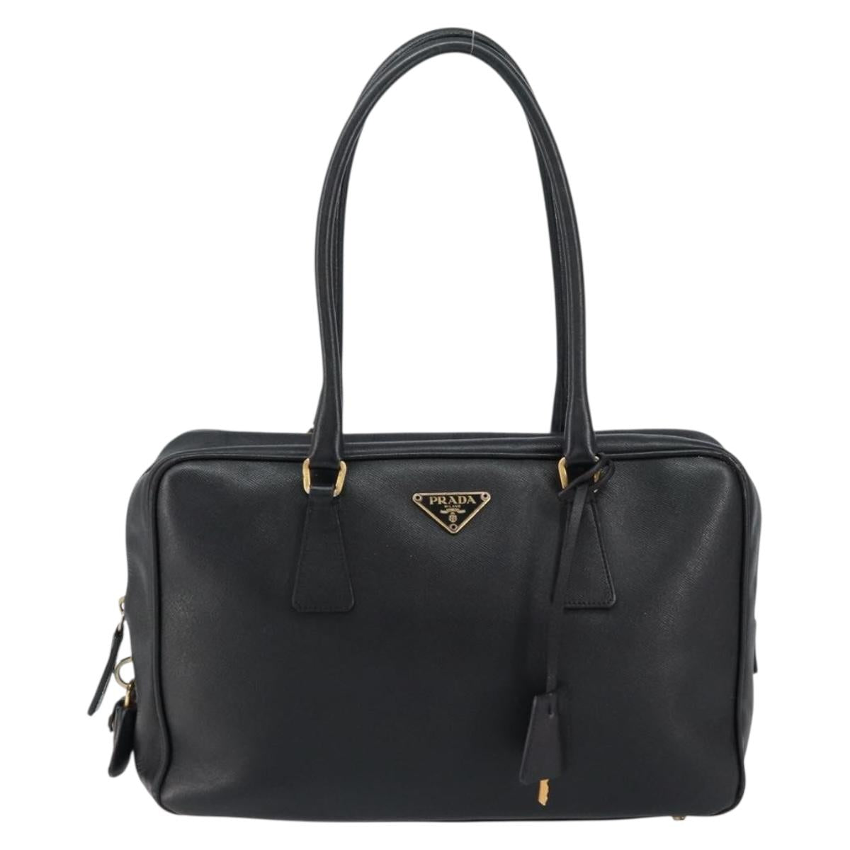 PRADA Hand Bag Safiano leather Black Gold Auth bs31372