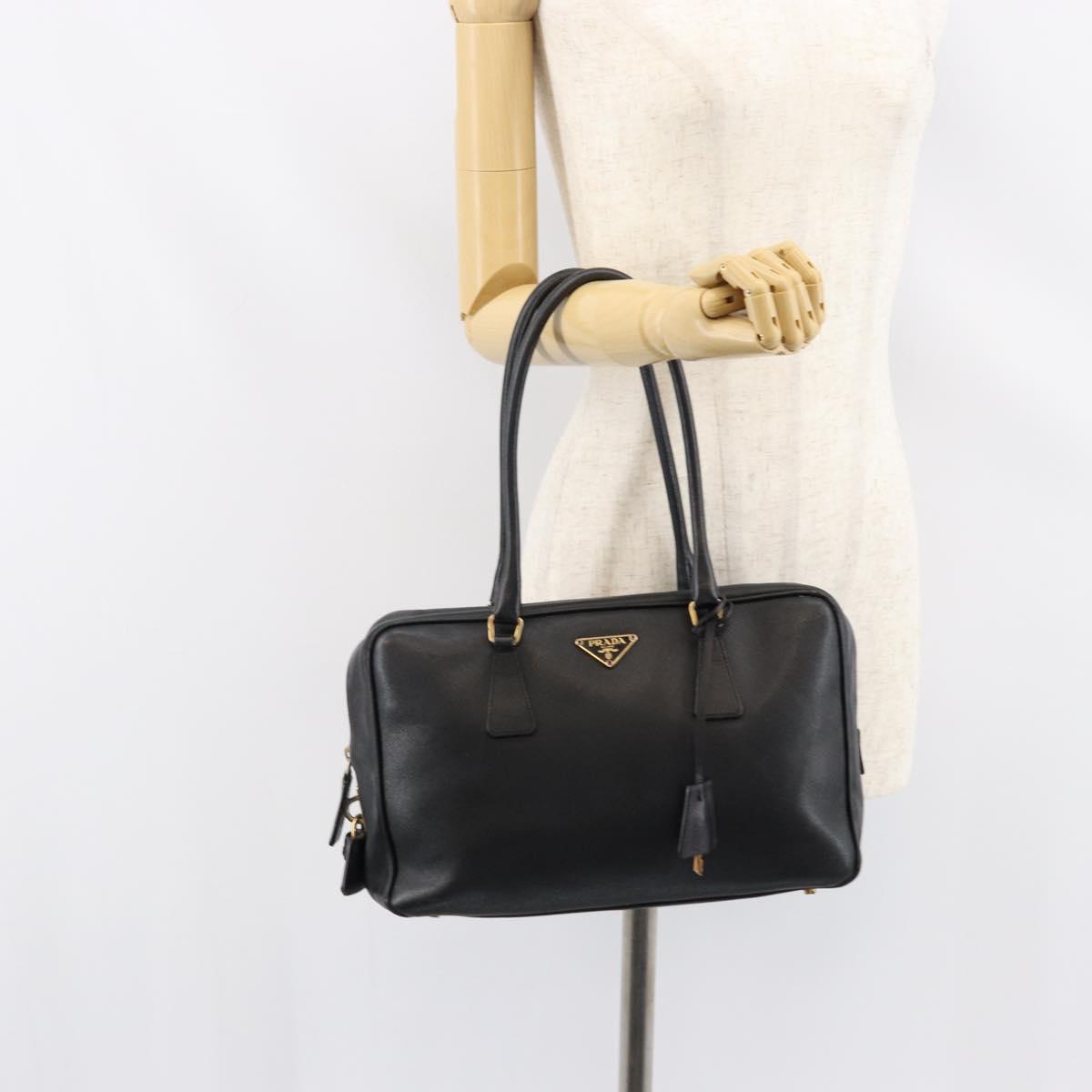 PRADA Hand Bag Safiano leather Black Gold Auth bs31372