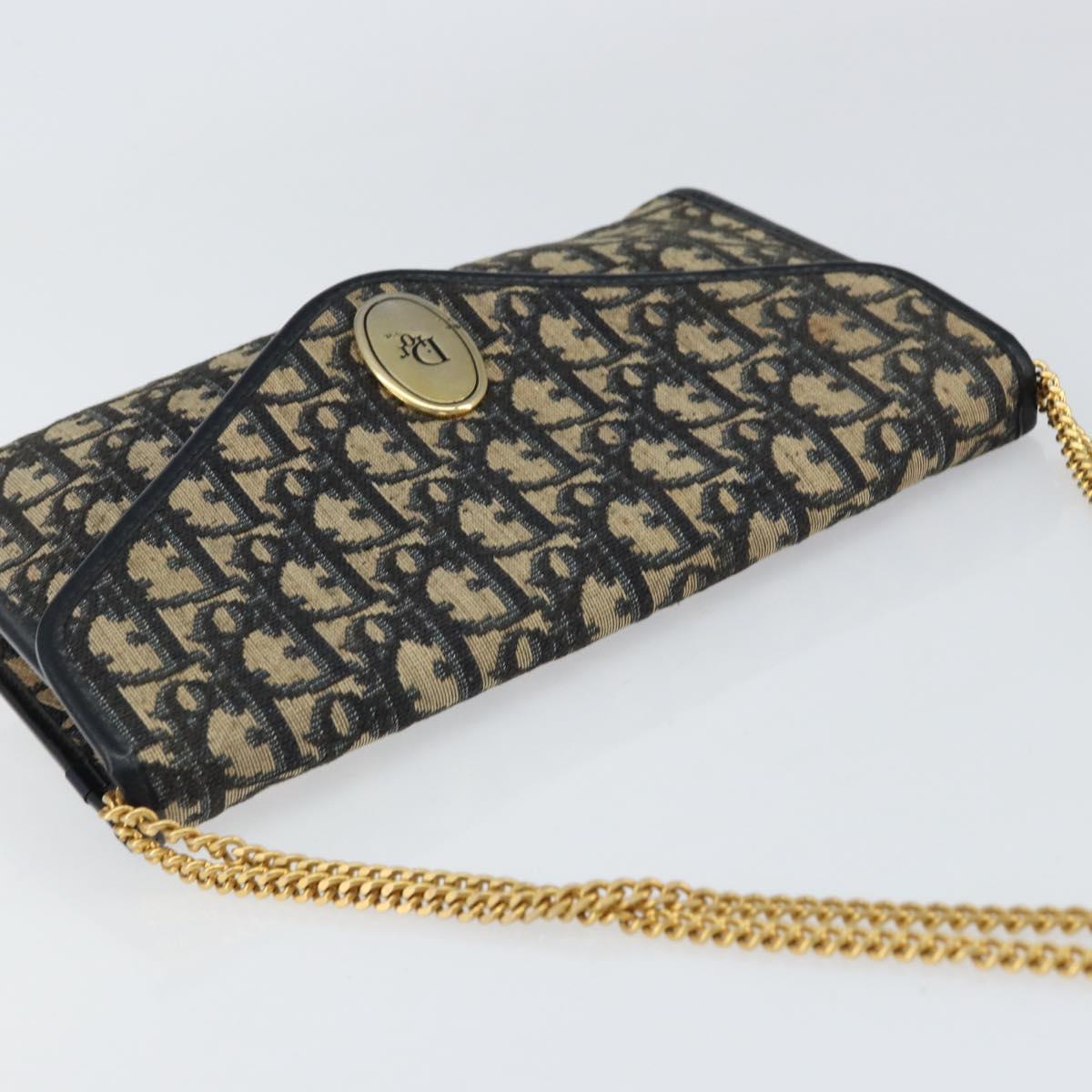 Christian Dior Trotter Canvas Chain Shoulder Bag Navy Gold Auth bs31375