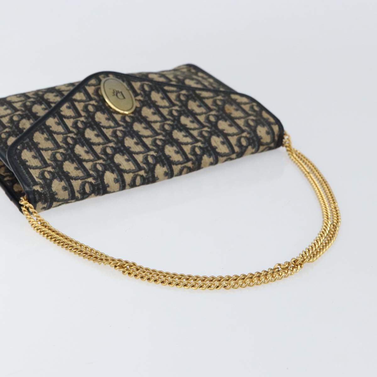 Christian Dior Trotter Canvas Chain Shoulder Bag Navy Gold Auth bs31375