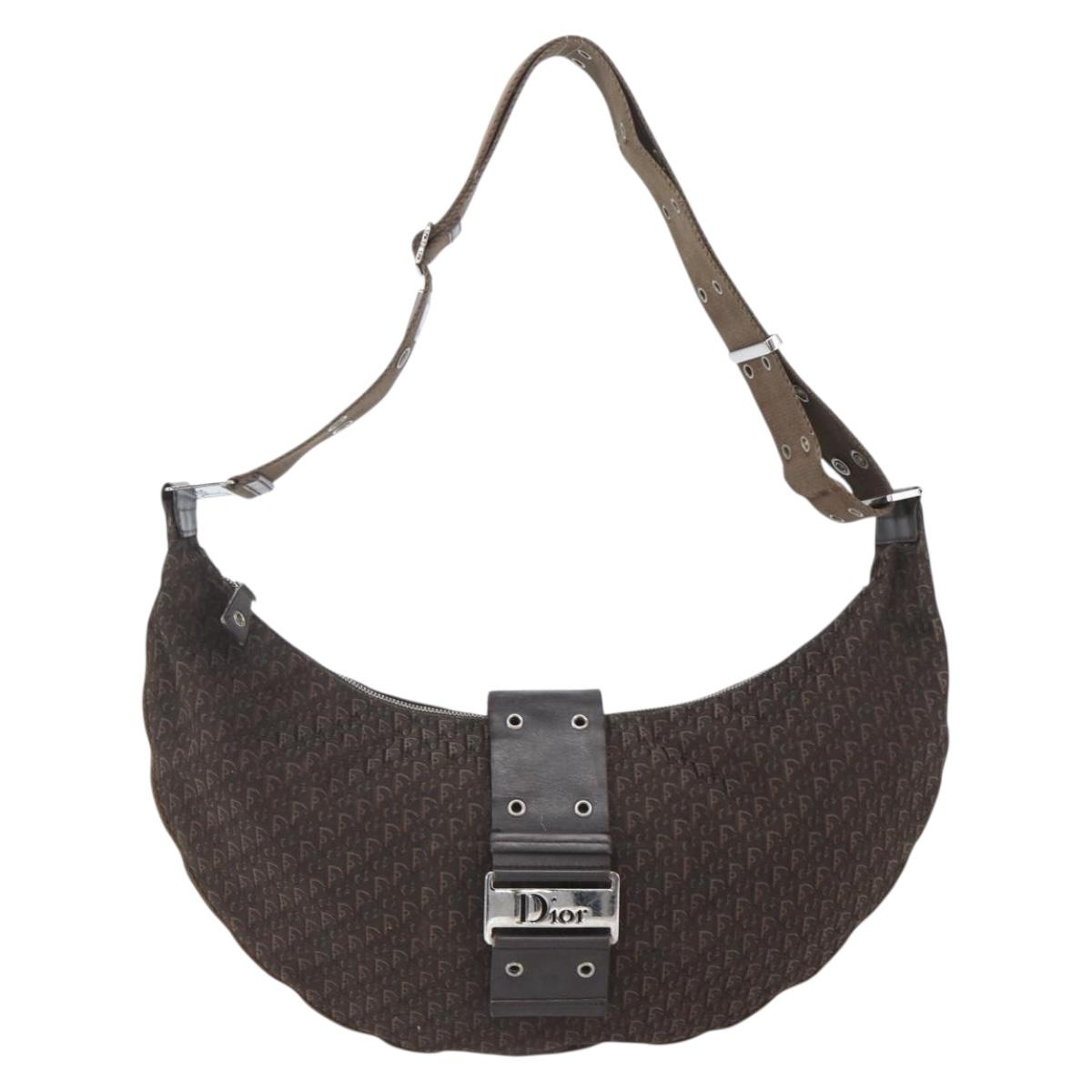 Christian Dior Trotter Canvas Street Chic Shoulder Bag Brown Silver Auth bs31376