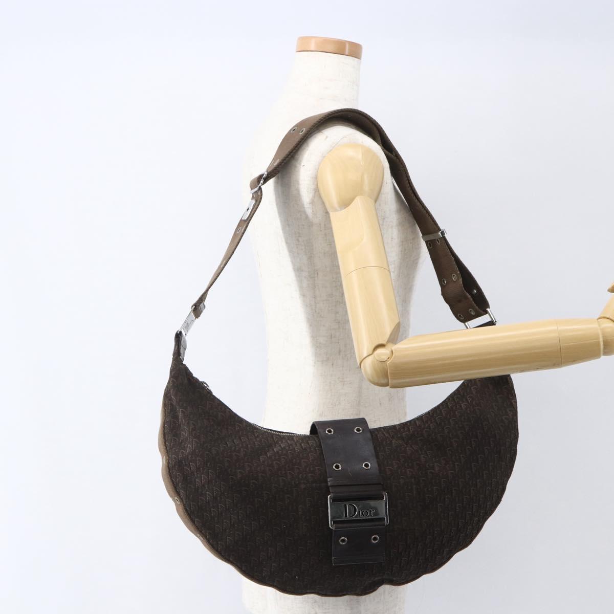 Christian Dior Trotter Canvas Street Chic Shoulder Bag Brown Silver Auth bs31376