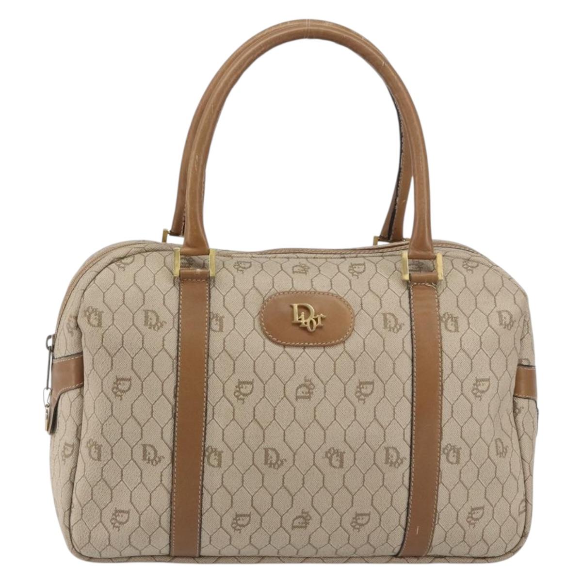 Christian Dior Honeycomb Canvas Hand Bag PVC Beige Gold Auth bs31377