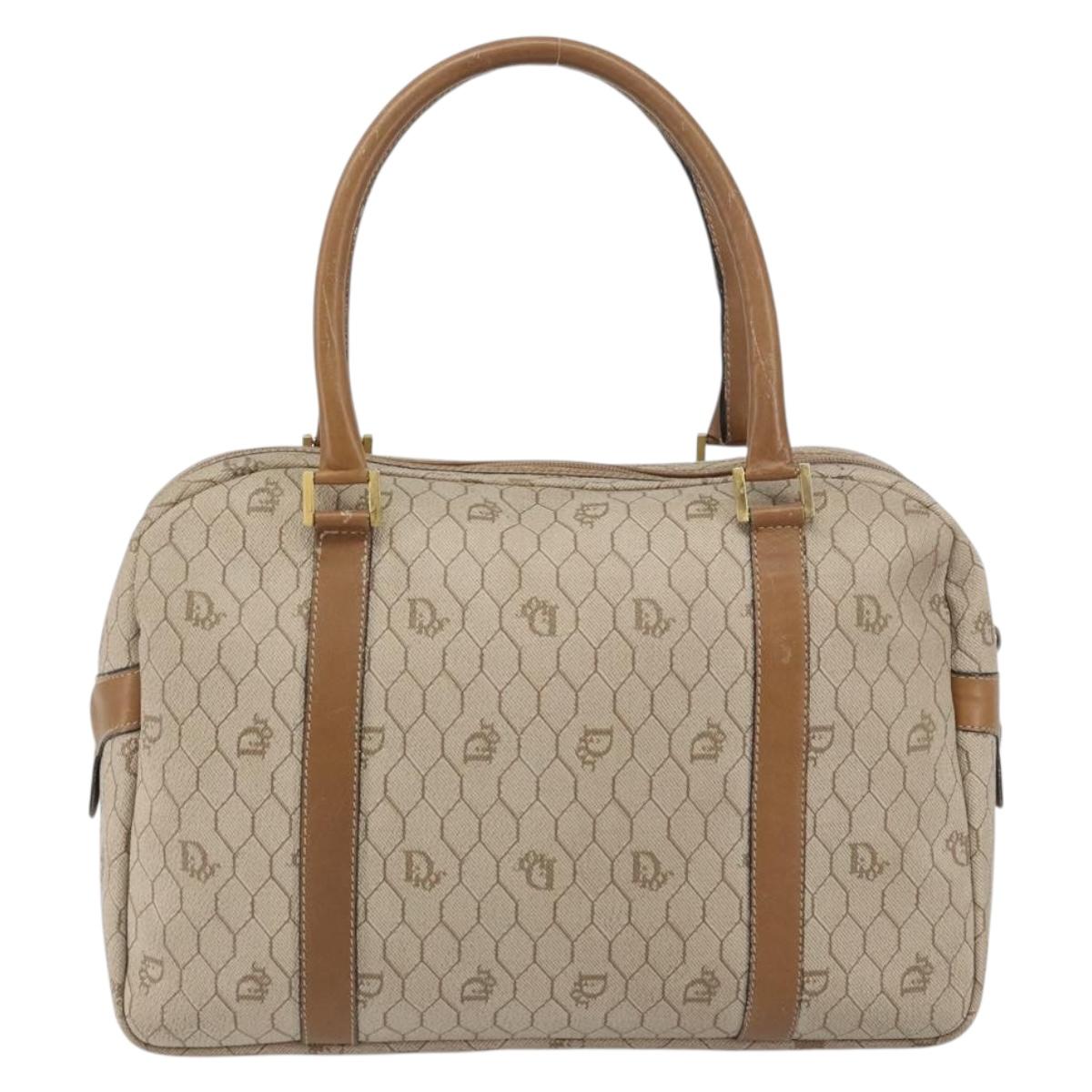 Christian Dior Honeycomb Canvas Hand Bag PVC Beige Gold Auth bs31377