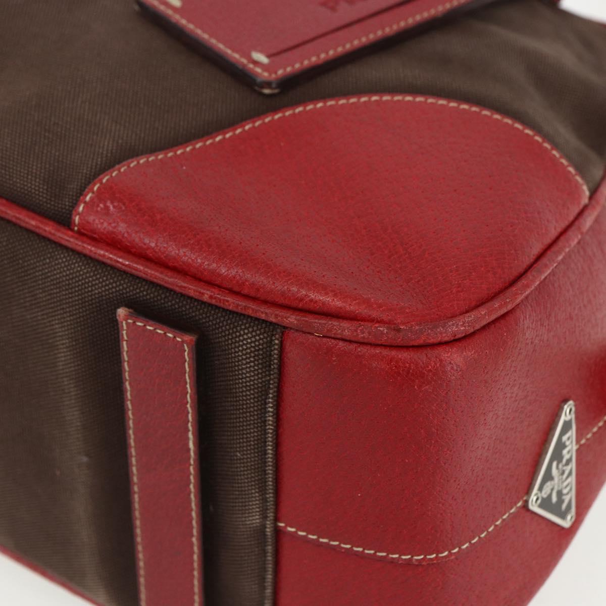 PRADA Hand Bag Canvas Leather Red Brown Auth bs31378