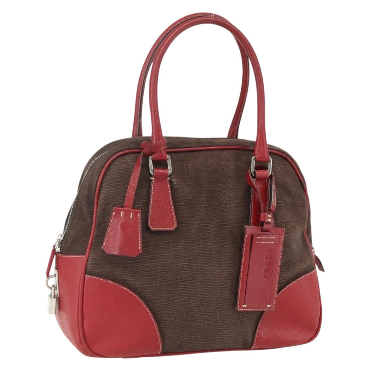 PRADA Hand Bag Canvas Leather Red Brown Auth bs31378