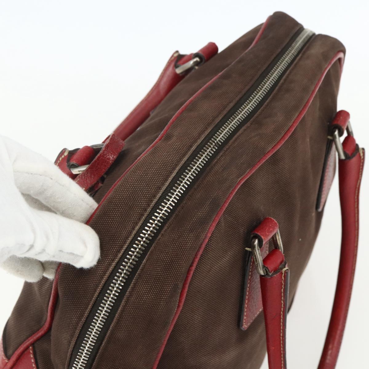 PRADA Hand Bag Canvas Leather Red Brown Auth bs31378