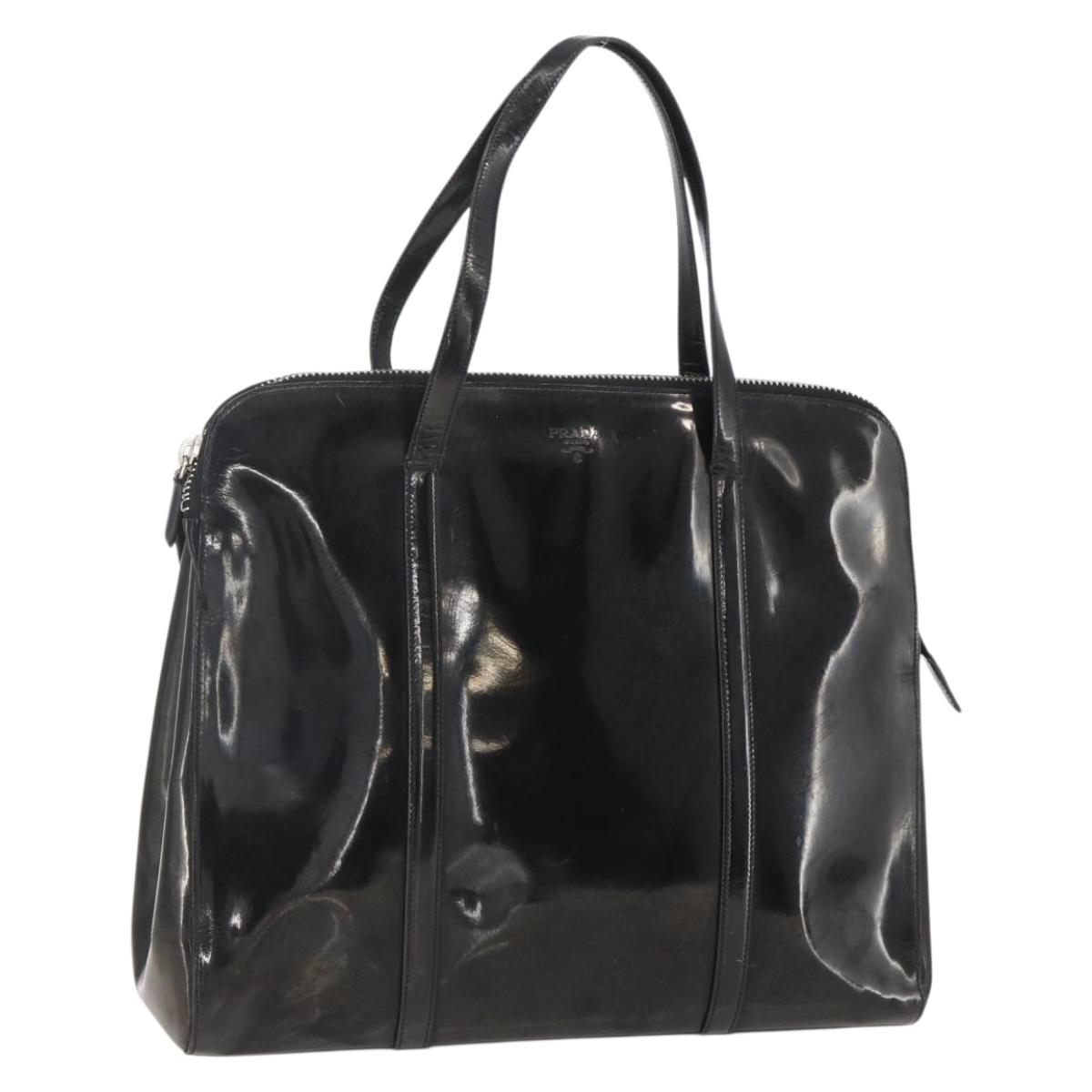 PRADA Hand Bag Enamel Black Silver Auth bs31379