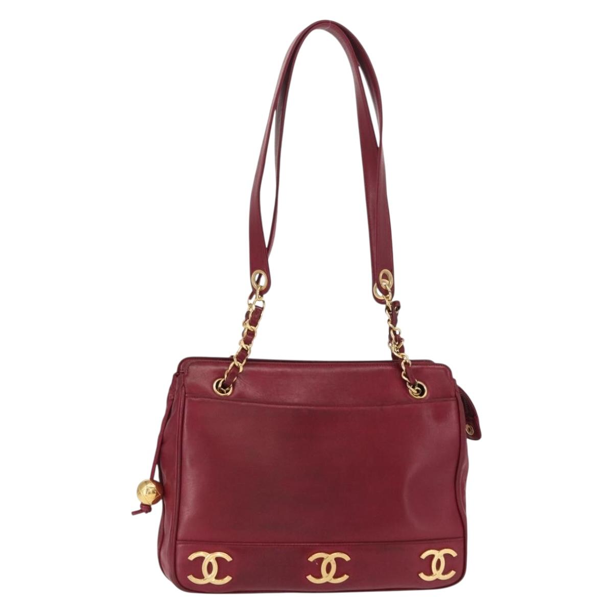 CHANEL Triple Coco Chain Shoulder Bag Lamb Skin Red Gold CC Auth bs31395