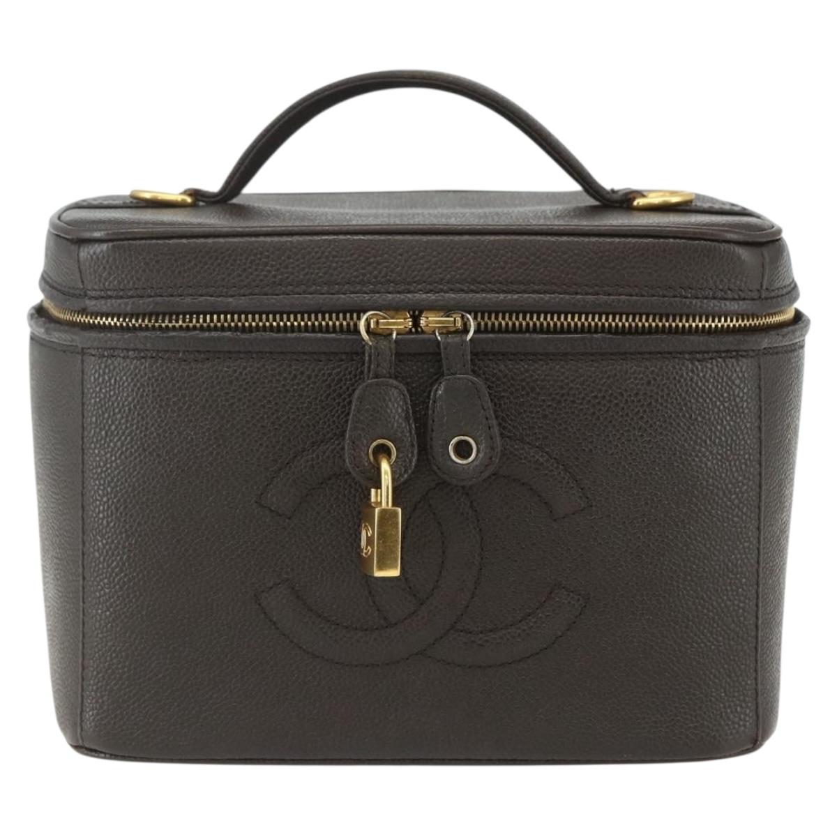 CHANEL COCO Mark Vanity Pouch Caviar Skin Brown Gold CC Auth bs31399