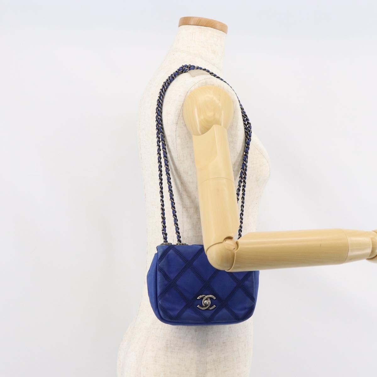 CHANEL Chain Matelasse Shoulder Bag Lamb Skin Blue Silver CC Auth bs31400