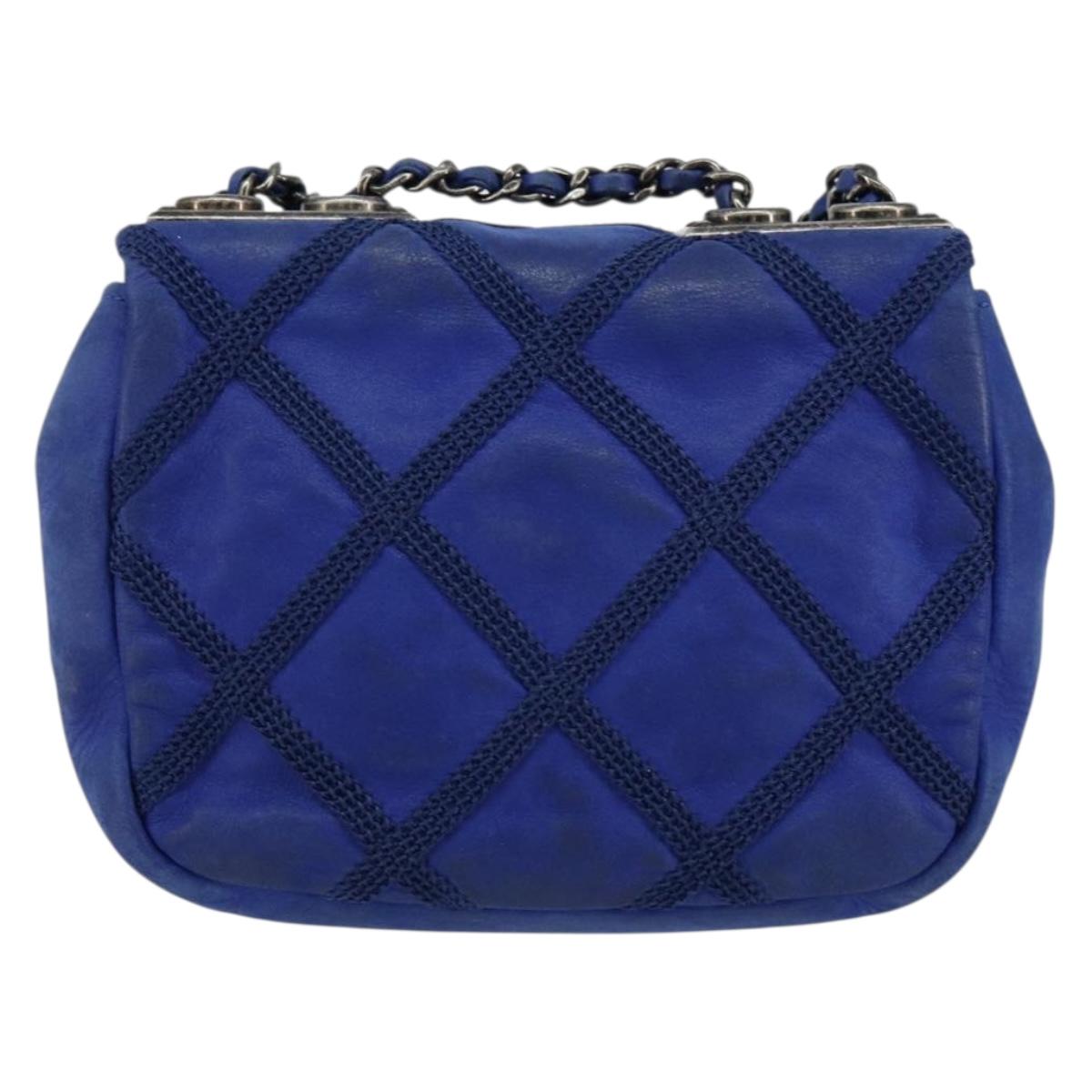 CHANEL Chain Matelasse Shoulder Bag Lamb Skin Blue Silver CC Auth bs31400