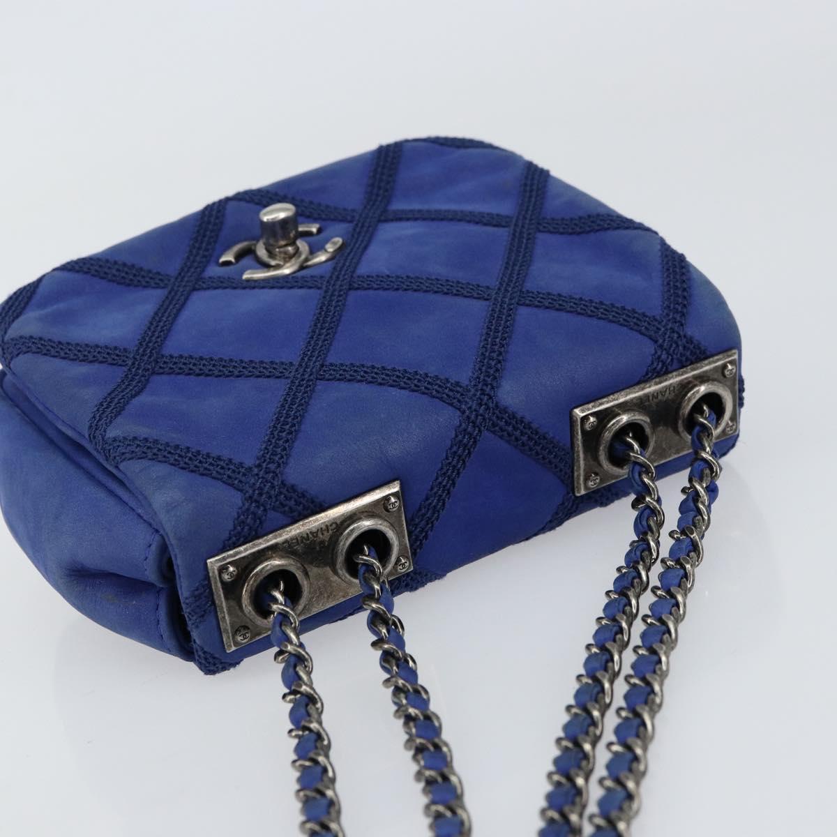 CHANEL Chain Matelasse Shoulder Bag Lamb Skin Blue Silver CC Auth bs31400