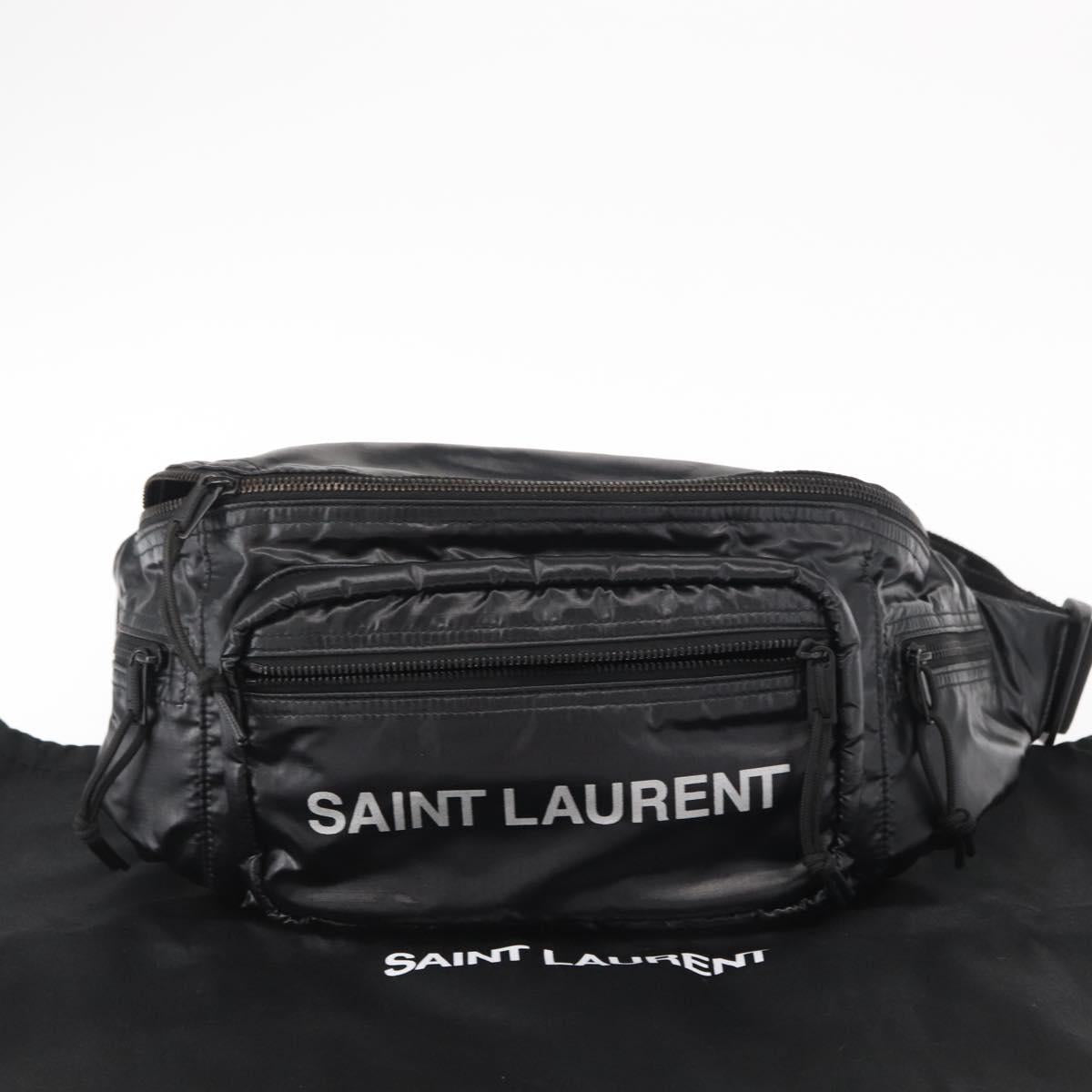 SAINT LAURENT Waist Bag Nylon Black White Auth bs31408