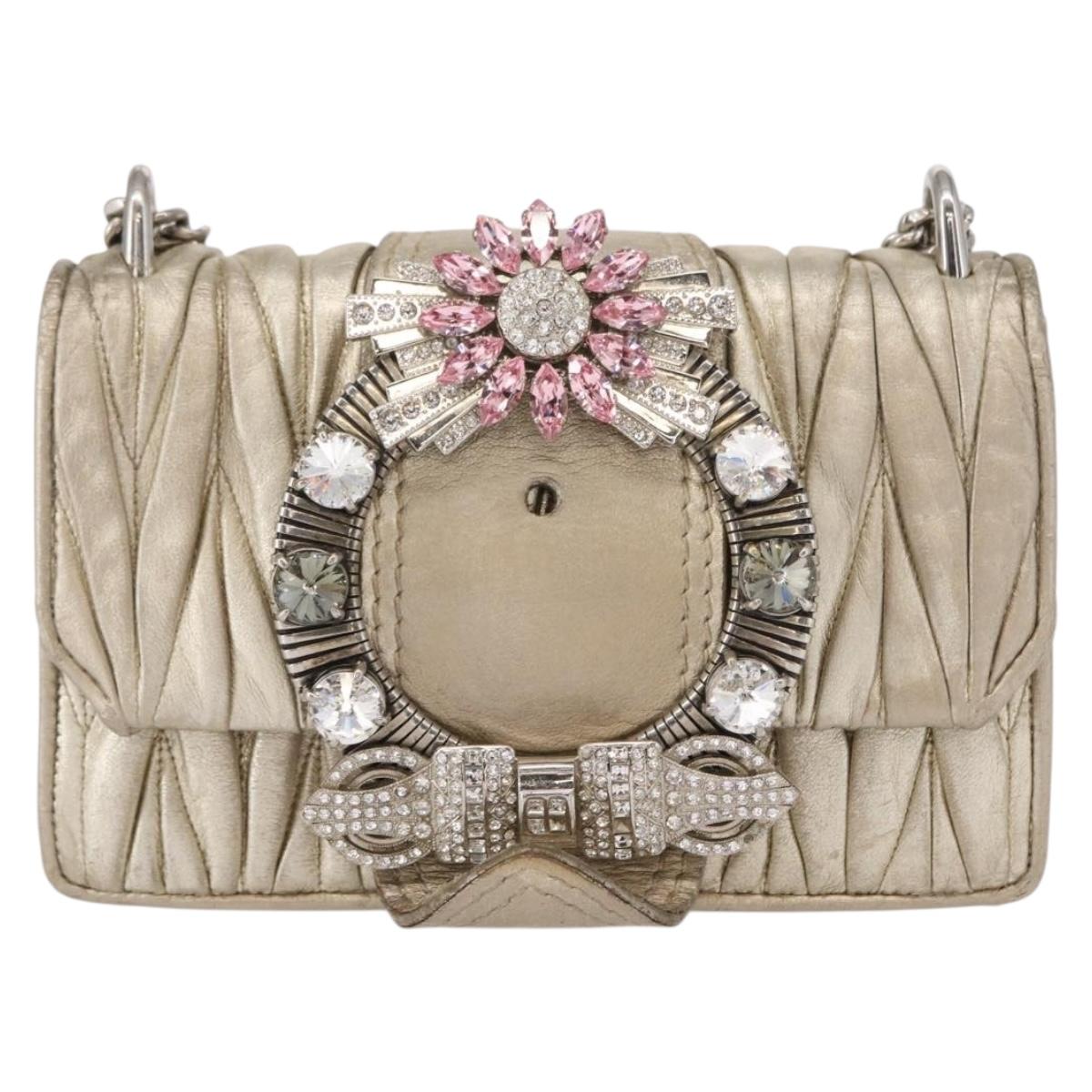 Miu Miu Matelasse Chain Shoulder Bag Leather Champagne Gold Silver Auth bs31411