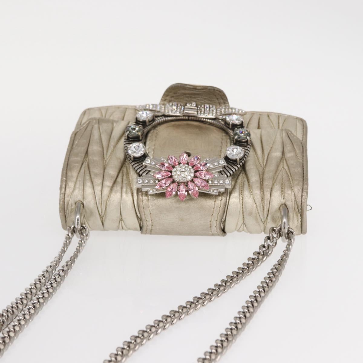 Miu Miu Matelasse Chain Shoulder Bag Leather Champagne Gold Silver Auth bs31411