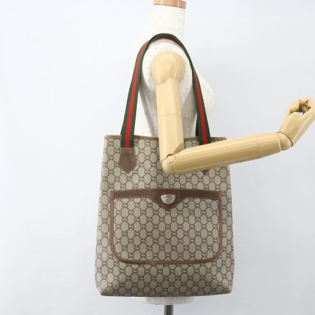 GUCCI GG Plus Supreme Web Sherry Line Tote Bag PVC Beige Red Auth bs31416