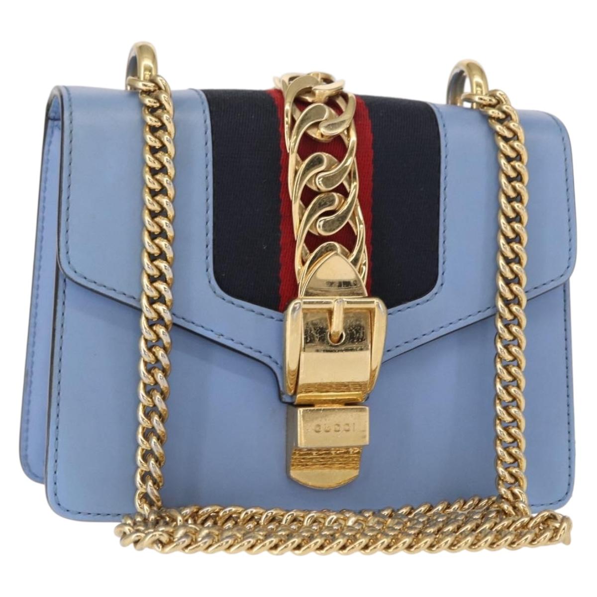GUCCI Sylvie Sherry Line Chain Bag Leather Light Blue Gold 431666 Auth bs31431