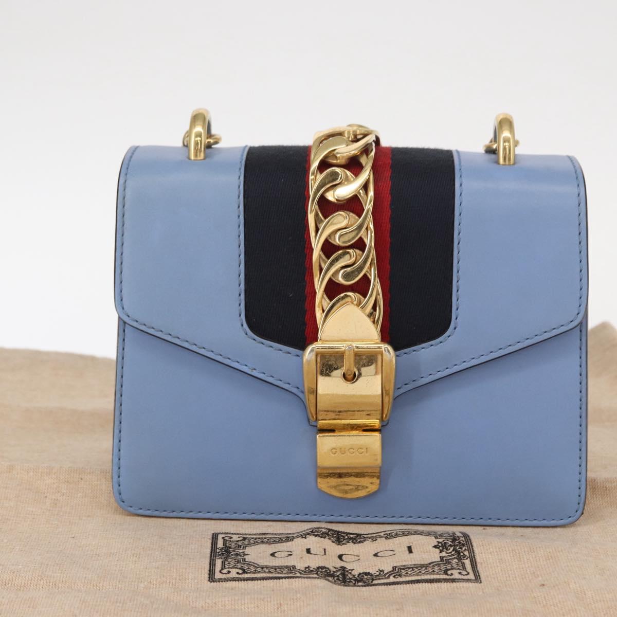 GUCCI Sylvie Sherry Line Chain Bag Leather Light Blue Gold 431666 Auth bs31431