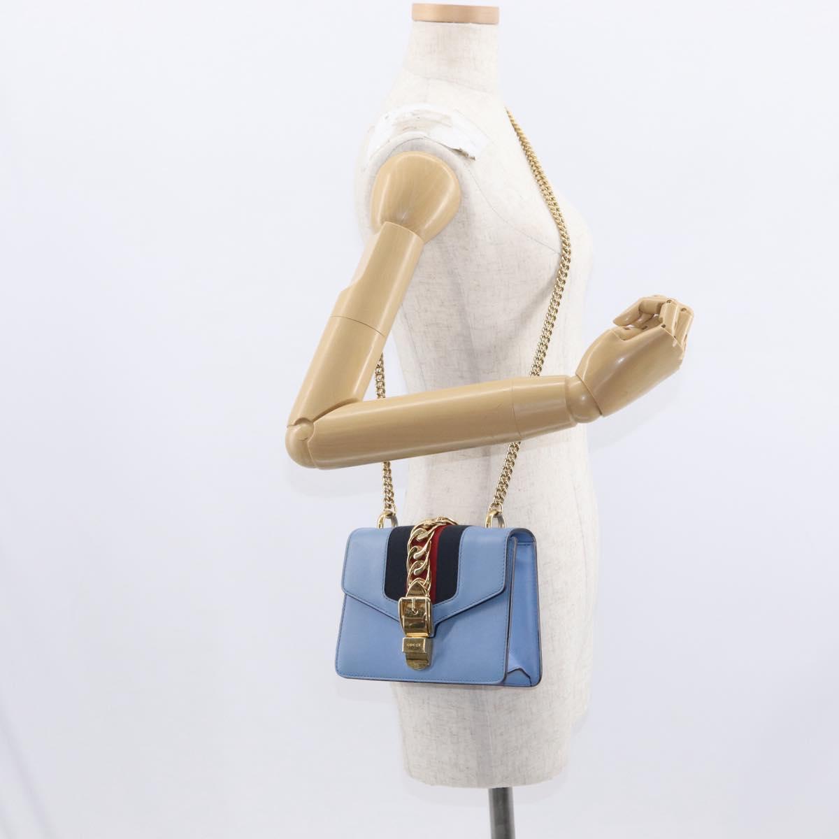 GUCCI Sylvie Sherry Line Chain Bag Leather Light Blue Gold 431666 Auth bs31431