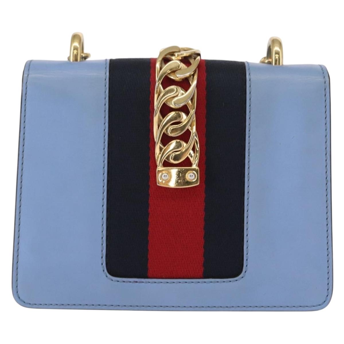 GUCCI Sylvie Sherry Line Chain Bag Leather Light Blue Gold 431666 Auth bs31431