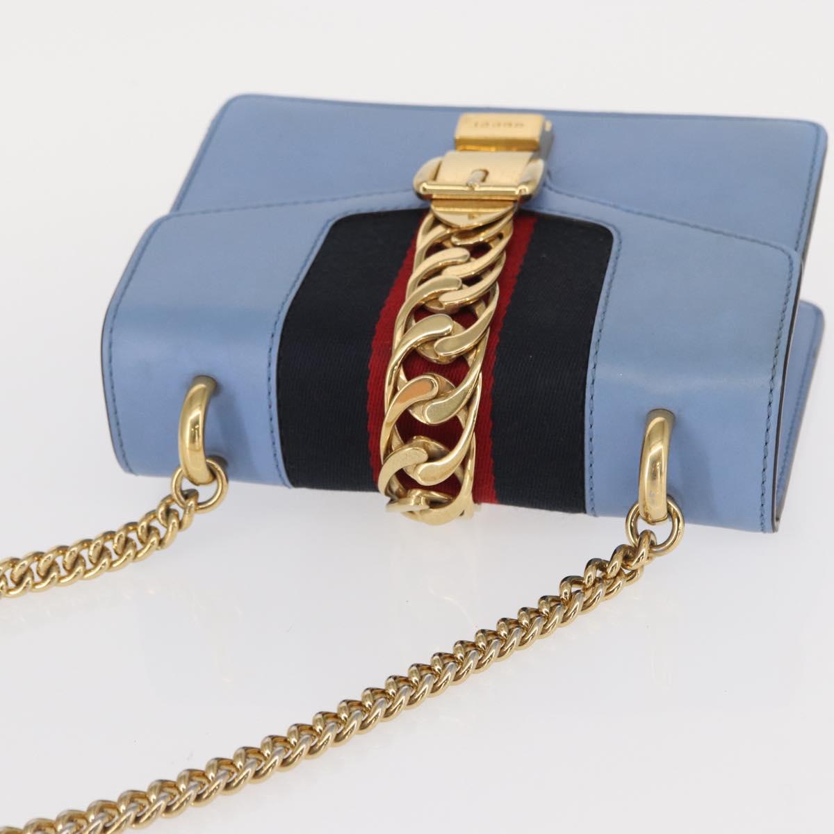 GUCCI Sylvie Sherry Line Chain Bag Leather Light Blue Gold 431666 Auth bs31431