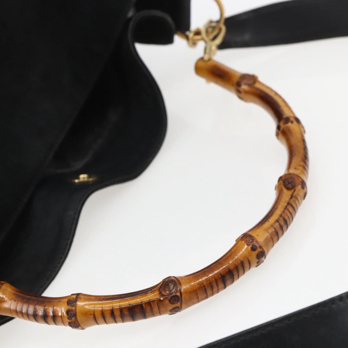 GUCCI Bamboo Hand Bag Leather 2way Black Gold 001 1014 1577 Auth bs31434