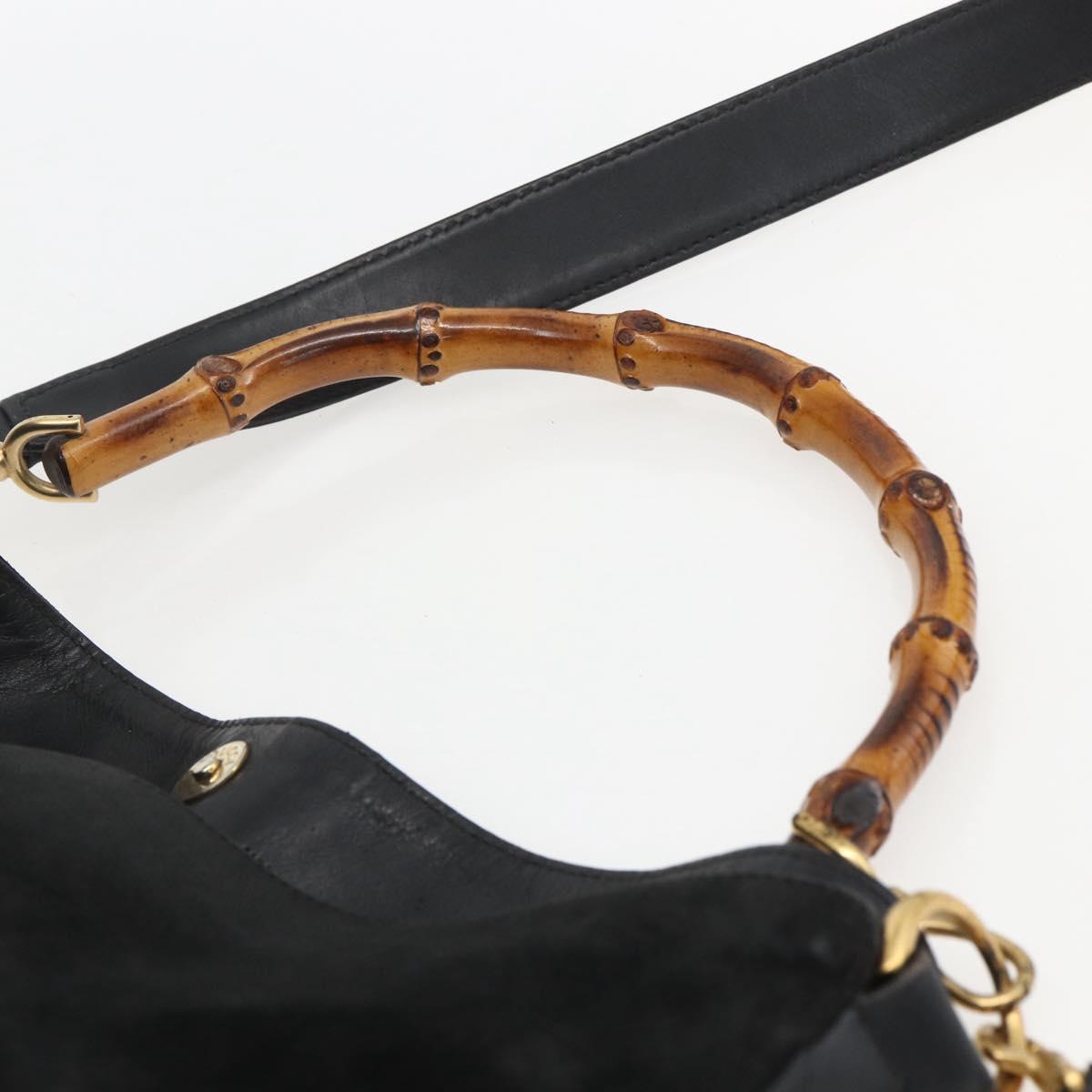 GUCCI Bamboo Hand Bag Leather 2way Black Gold 001 1014 1577 Auth bs31434