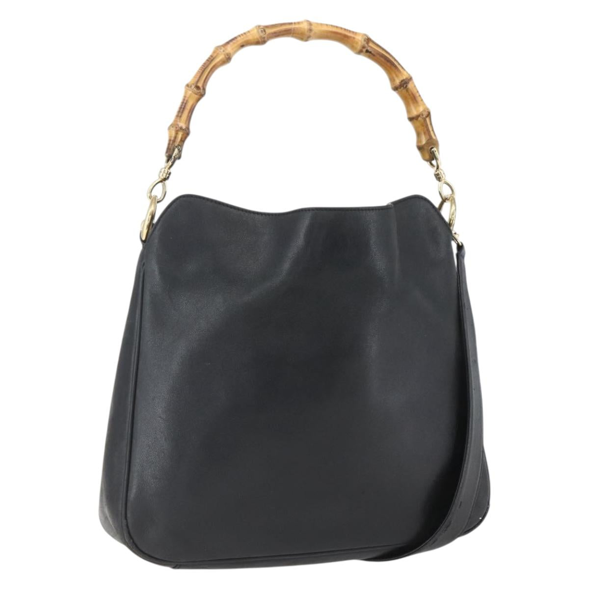 GUCCI Bamboo Shoulder Bag Leather 2way Black Gold 001 1638 Auth bs31435