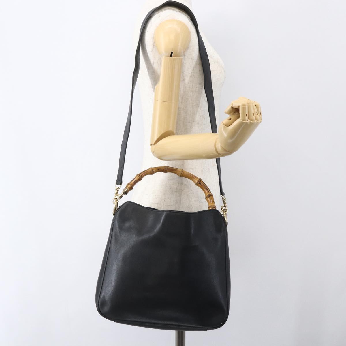 GUCCI Bamboo Shoulder Bag Leather 2way Black Gold 001 1638 Auth bs31435