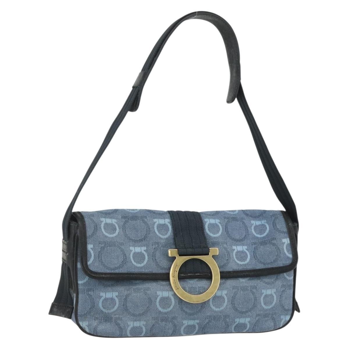 Salvatore Ferragamo Gancini Shoulder Bag Canvas Blue Gold Auth bs31443