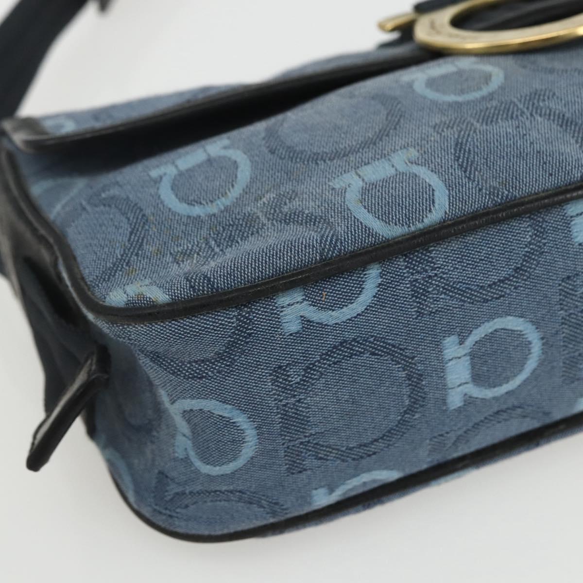 Salvatore Ferragamo Gancini Shoulder Bag Canvas Blue Gold Auth bs31443