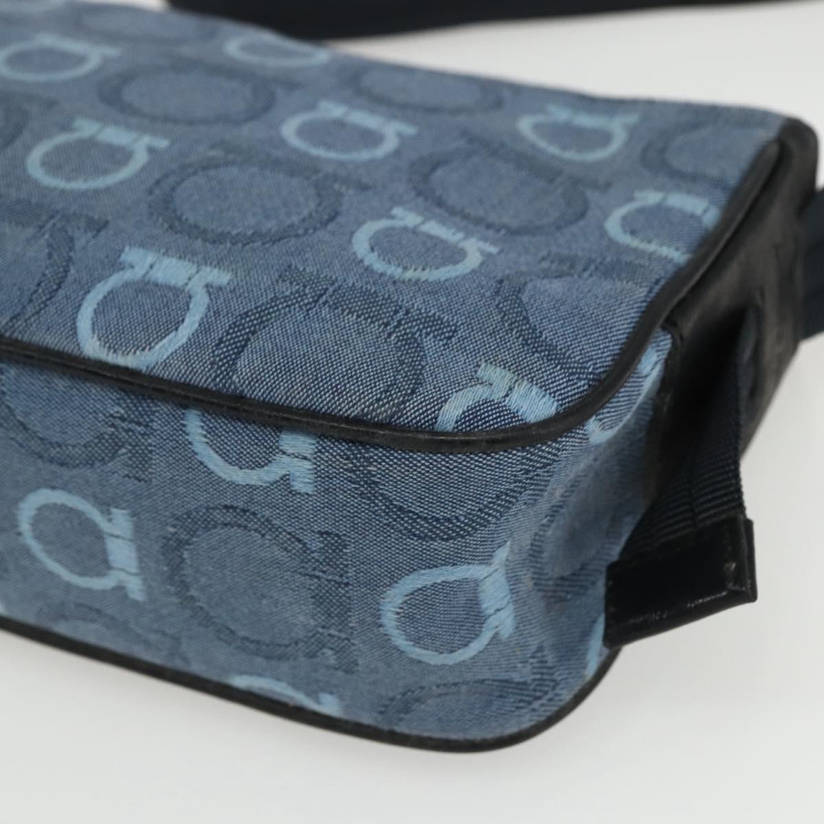 Salvatore Ferragamo Gancini Shoulder Bag Canvas Blue Gold Auth bs31443