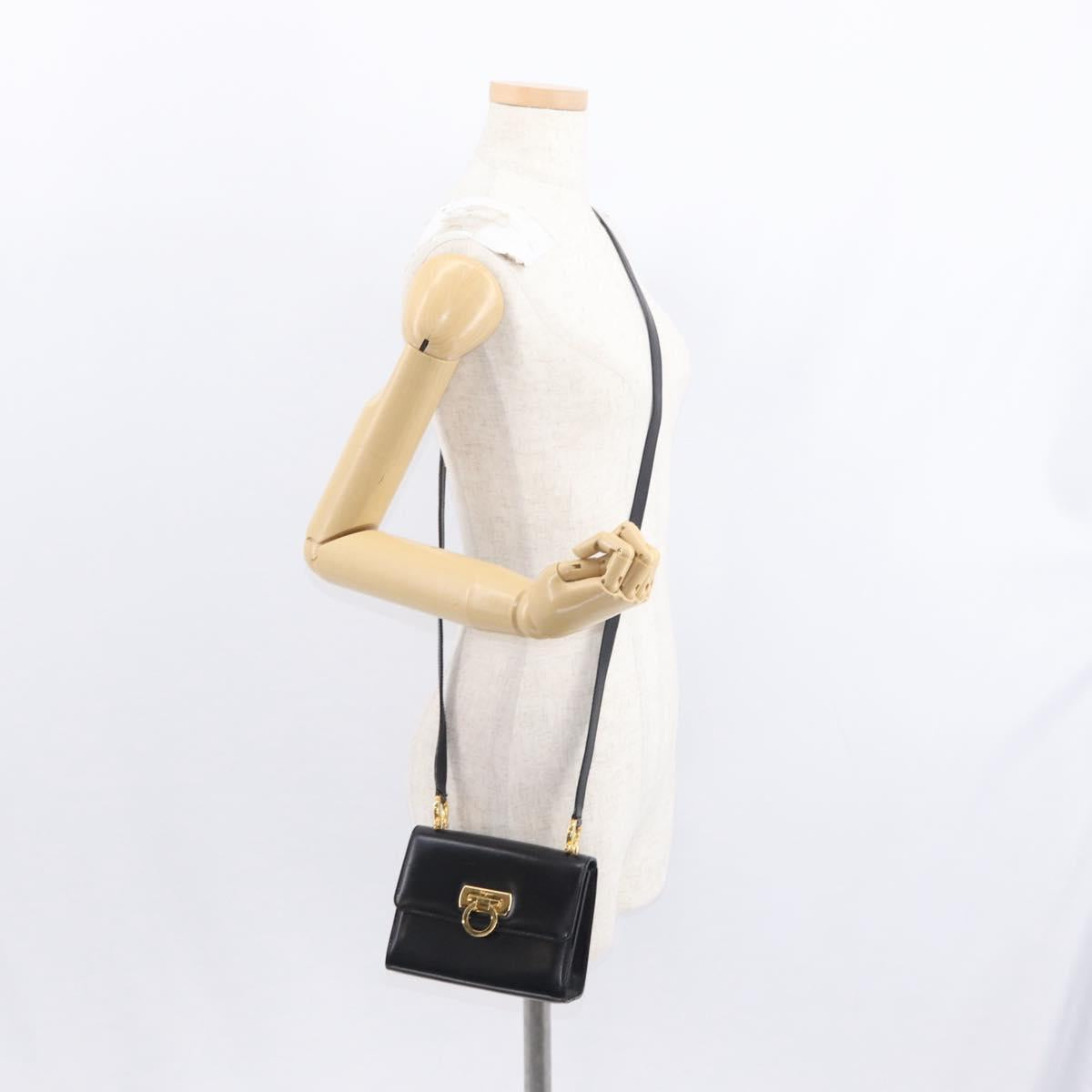 Salvatore Ferragamo Gancini Shoulder Bag Leather Black Gold Auth bs31444