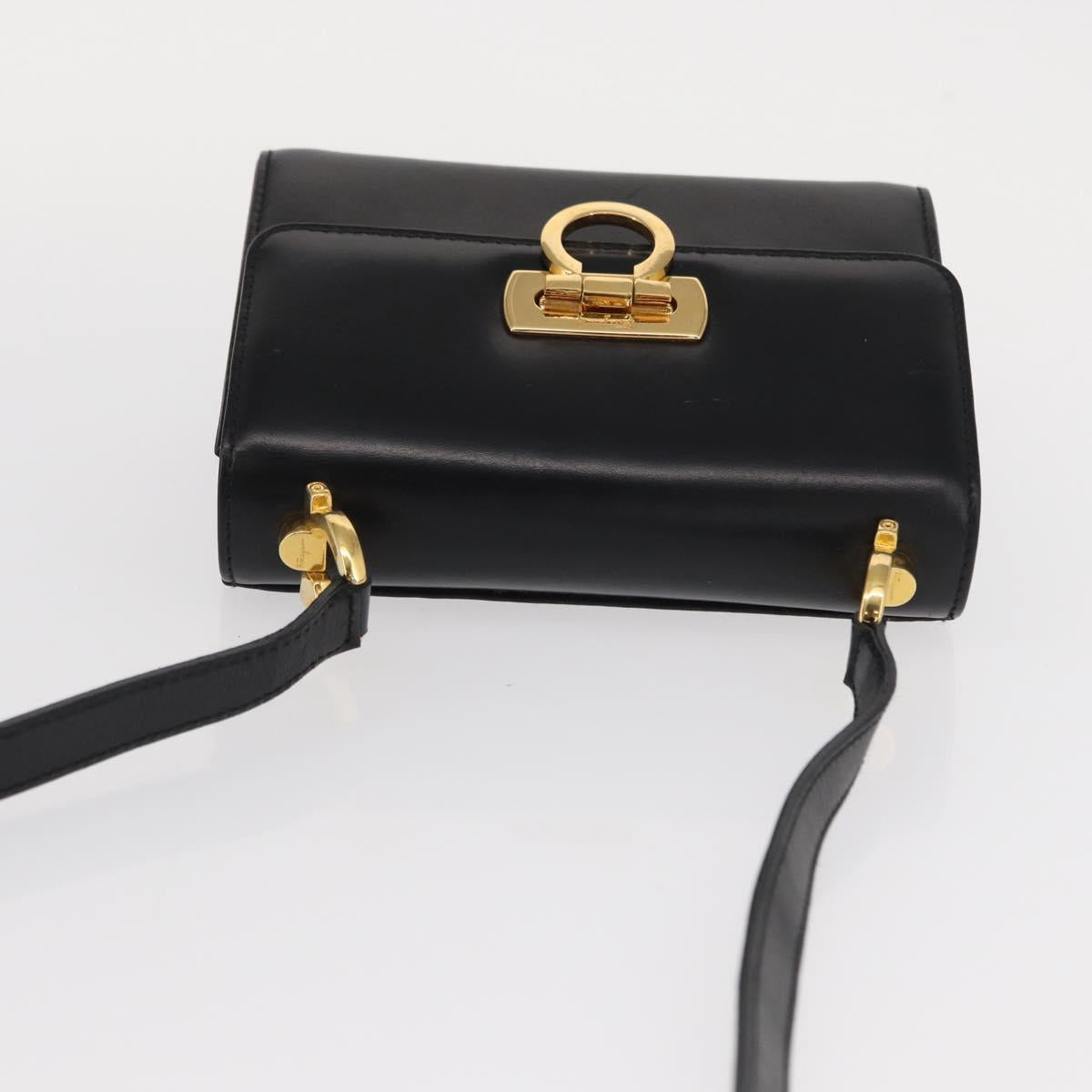 Salvatore Ferragamo Gancini Shoulder Bag Leather Black Gold Auth bs31444
