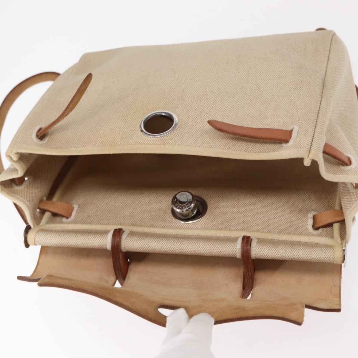 HERMES Herbag Backpack Canvas Leather Beige Silver Auth bs31446