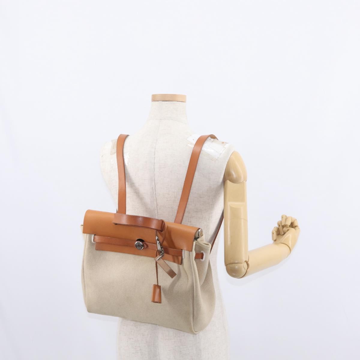 HERMES Herbag Backpack Canvas Leather Beige Silver Auth bs31446