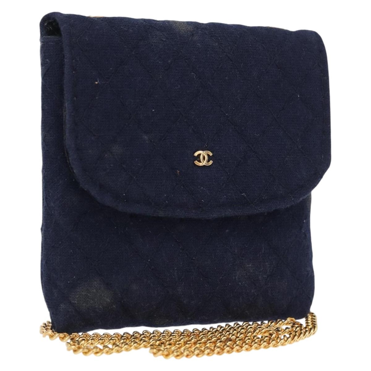 CHANEL Mini Matelasse Chain Pouch Cotton Navy Gold CC Auth bs31449