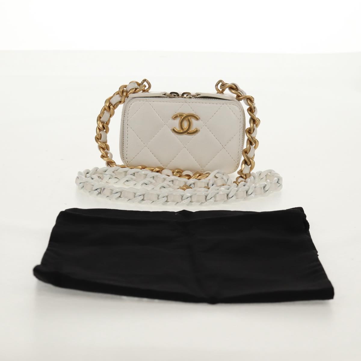 CHANEL Matelasse Chain Shoulder Bag Lamb Skin White Gold CC Auth bs31458SAV