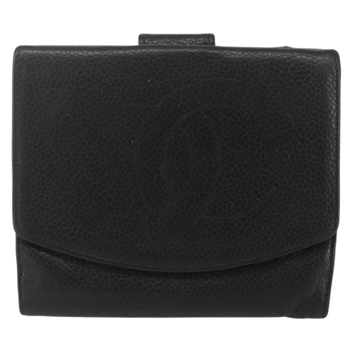 CHANEL Bifold Wallet Caviar Skin Black Gold CC Auth bs31460