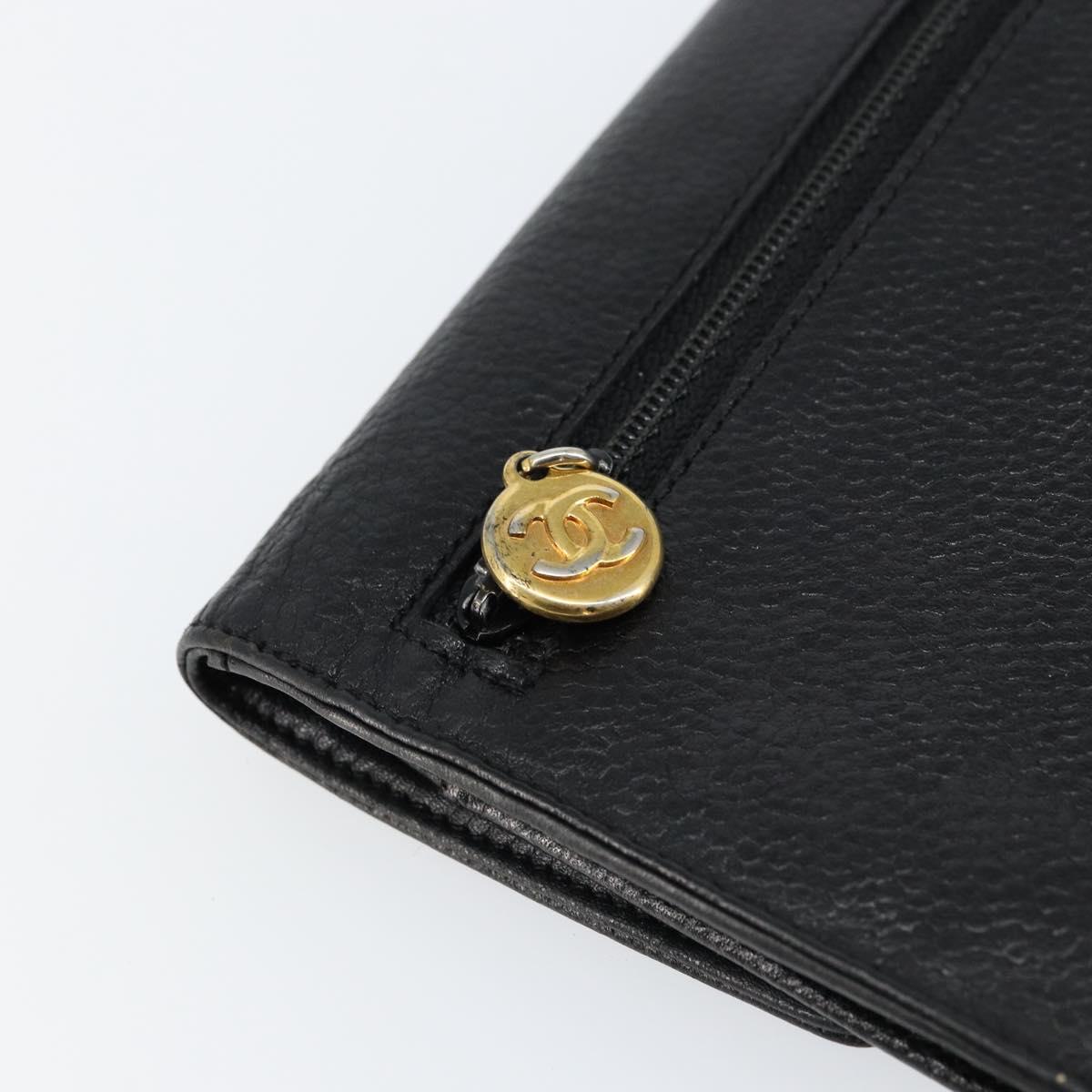 CHANEL COCO Mark Long Wallet Caviar Skin Black Gold CC Auth bs31461