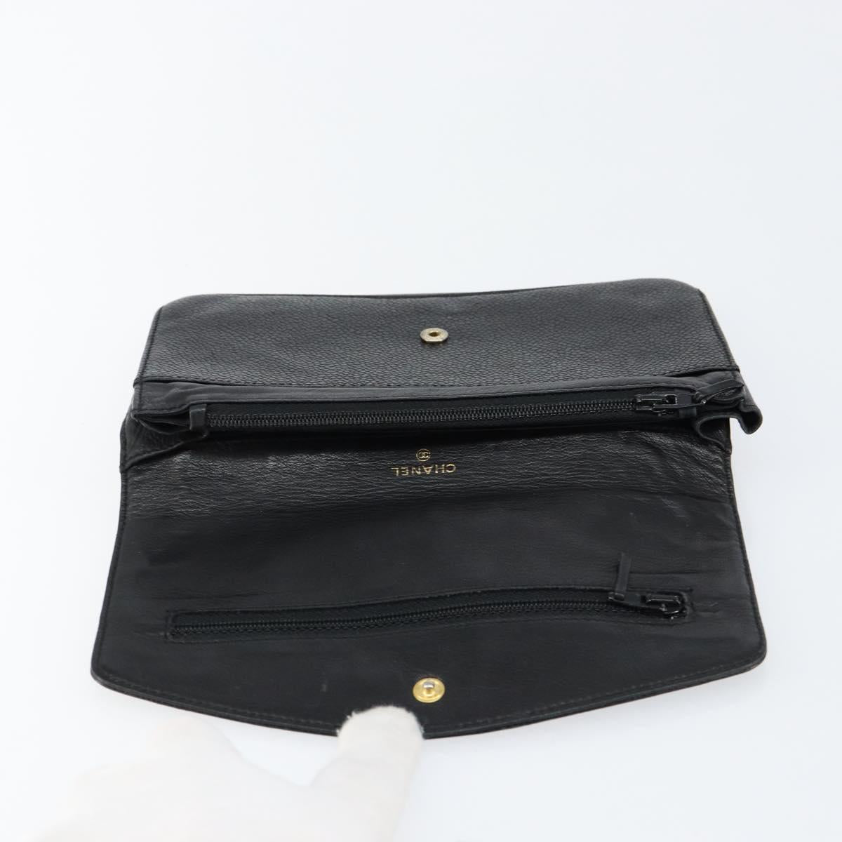 CHANEL COCO Mark Long Wallet Caviar Skin Black Gold CC Auth bs31461