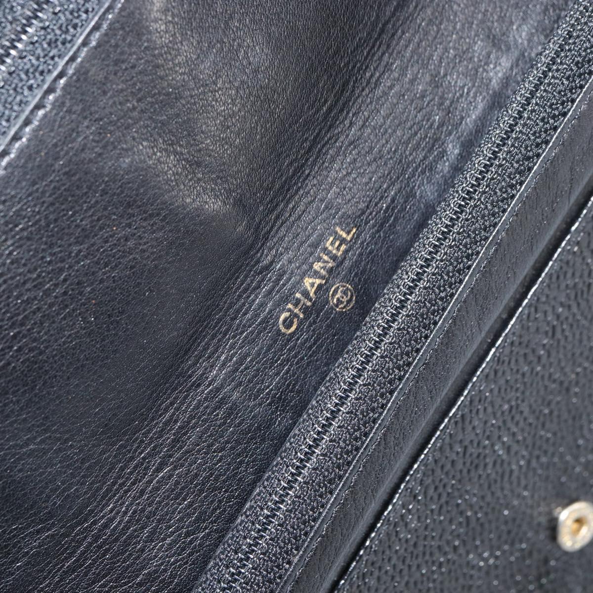 CHANEL COCO Mark Long Wallet Caviar Skin Black Gold CC Auth bs31461