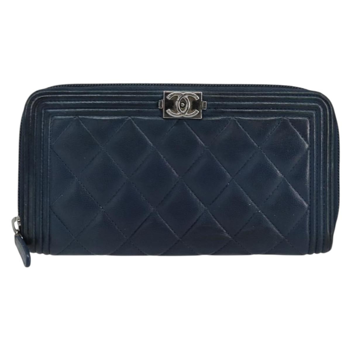 CHANEL Boy Chanel Long Wallet Lamb Skin Navy Silver CC Auth bs31466