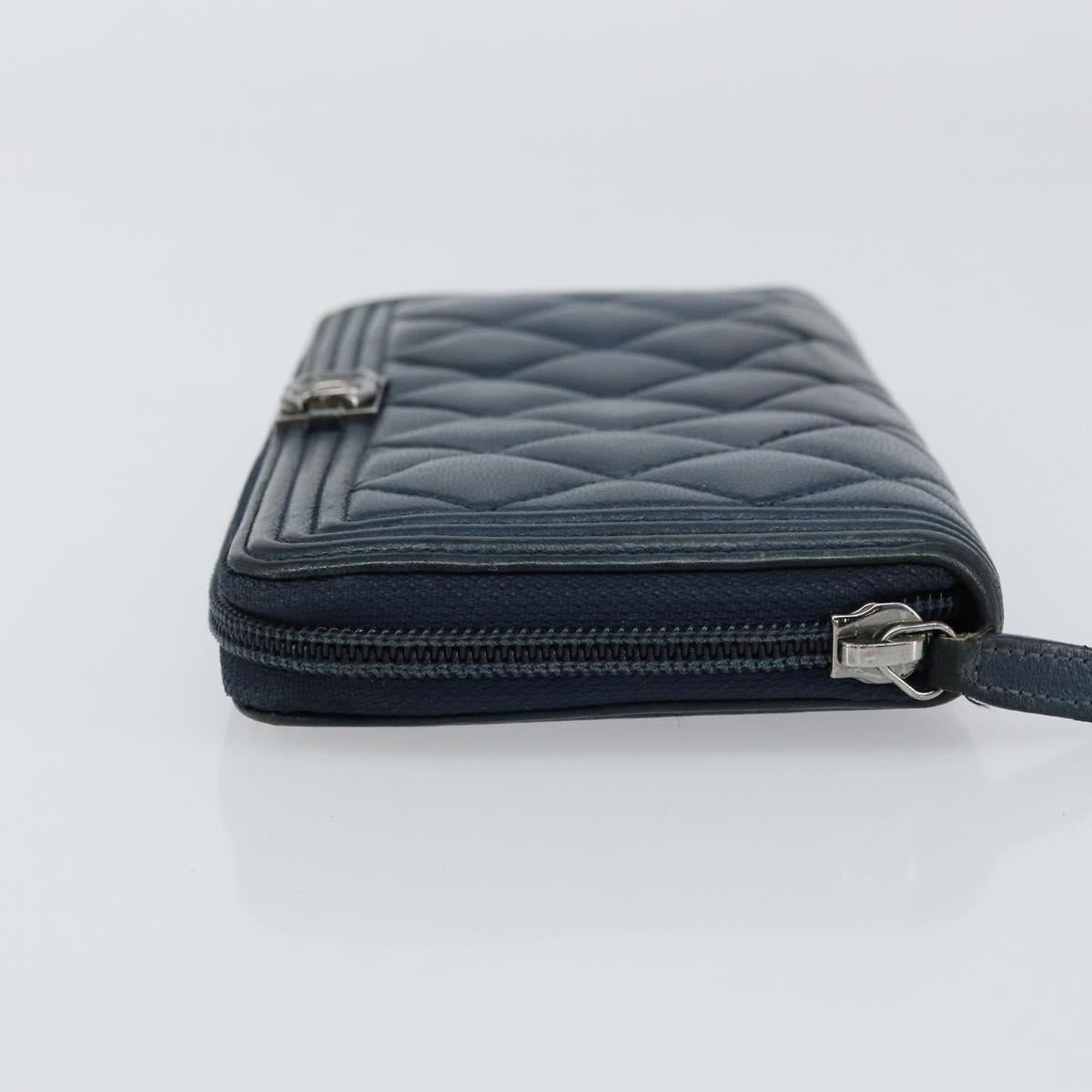 CHANEL Boy Chanel Long Wallet Lamb Skin Navy Silver CC Auth bs31466