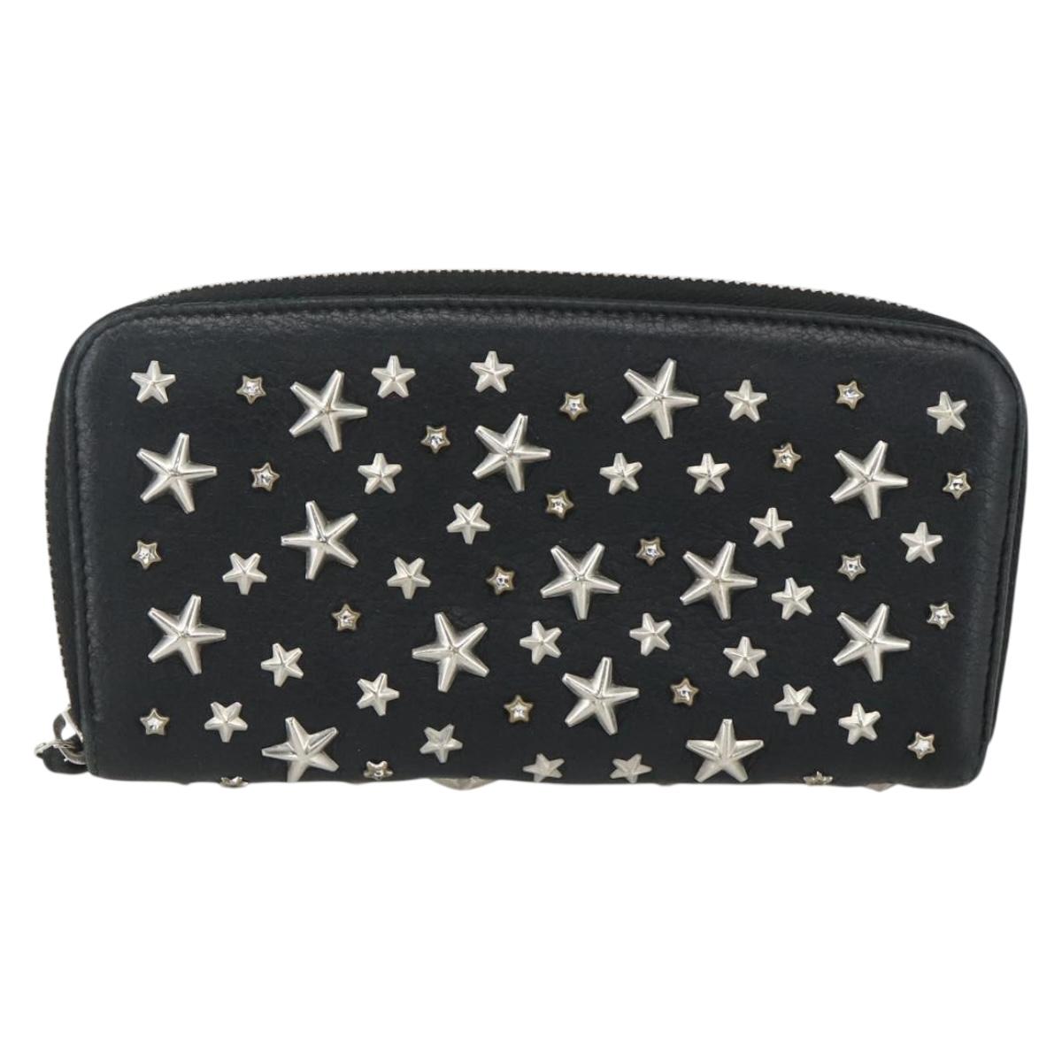 Jimmy Choo Studs Long Wallet Leather Black Silver Auth bs31467