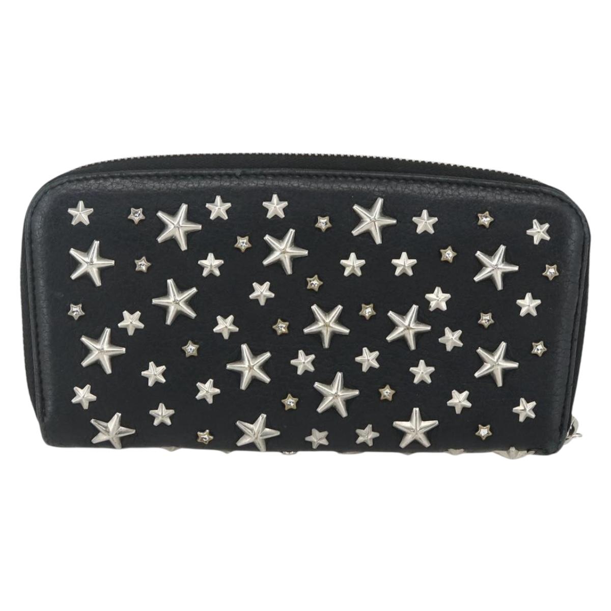 Jimmy Choo Studs Long Wallet Leather Black Silver Auth bs31467