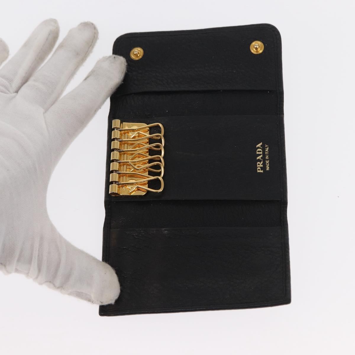 PRADA Key Case Leather 2 Set Beige Black Auth bs31485